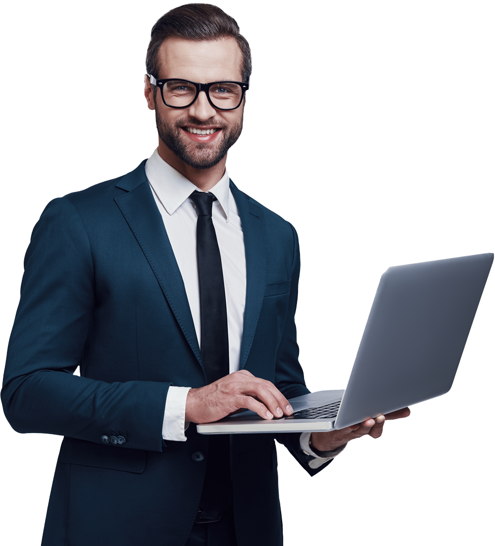 a man in a suit and tie is holding a laptop computer