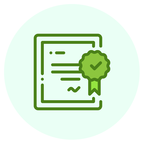 A green icon of a certificate with a check mark on it.