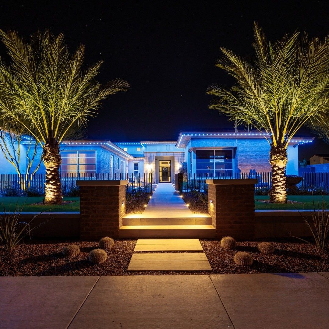 Blue-lit modern house at night with palm trees and a glowing front walkway