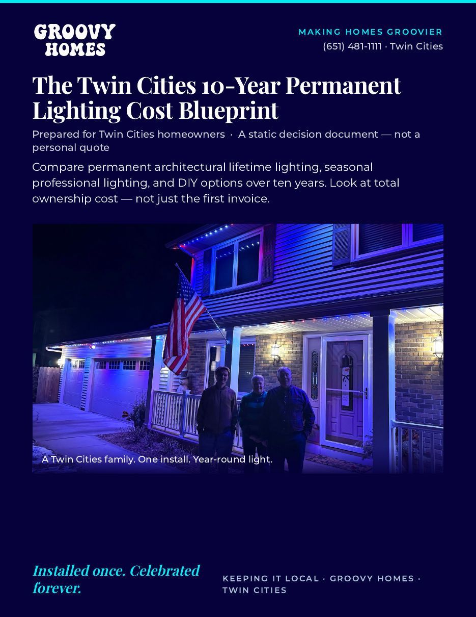 Groovy Homes ad with blue-lit house at night and headline “The Twin Cities 10-Year Permanent Lighting Cost Blueprint”