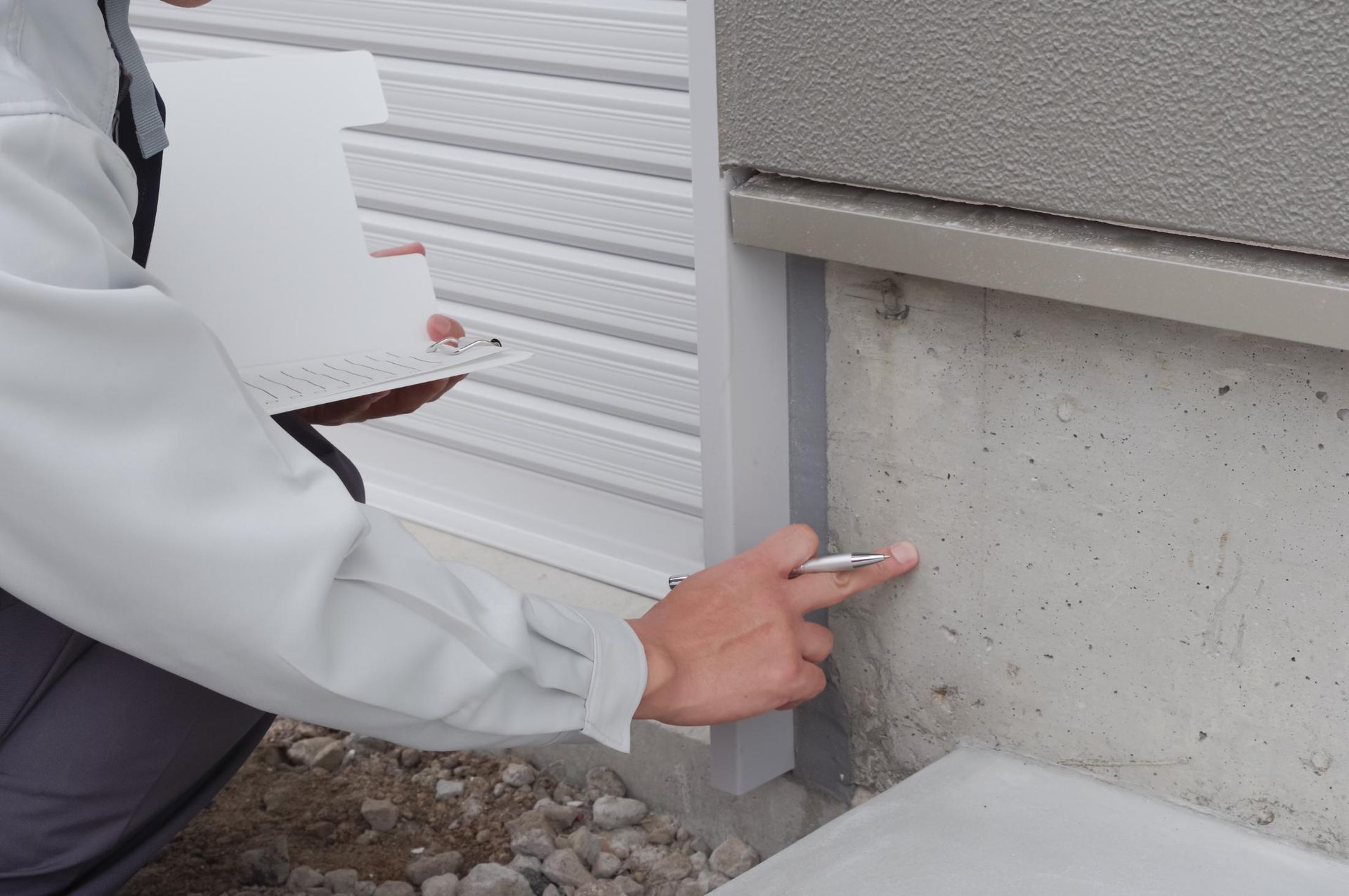 A man is measuring a concrete wall with a tape measure.