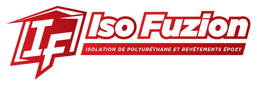Logo rouge avec « IF » en forme de maison stylisée. Texte : « Iso Fuzion ». En dessous : « Isolation de polyuréthane et revêtements époxy ».