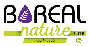 Logo Boréal Nature : lettres noires, goutte violette avec feuille, bandeau vert avec 