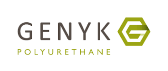 Logo de Genyk Polyuréthane, texte gris foncé et symbole G hexagonal de couleur olive.