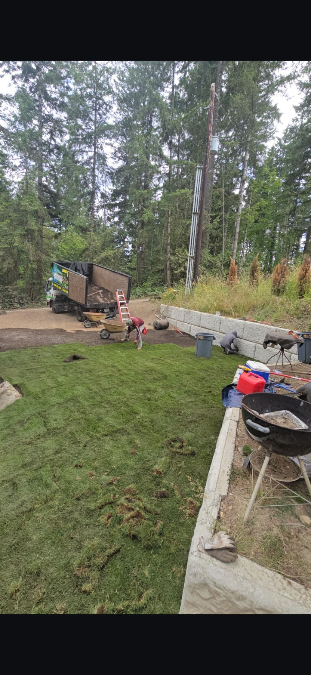 Backyard with green grass, trees, retaining wall, and a grill. A truck is parked in the distance.