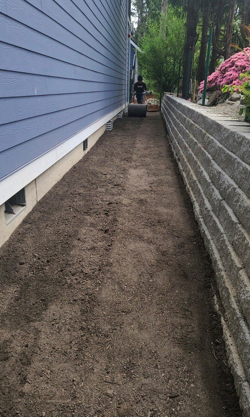 Narrow dirt path between a blue house and a stone retaining wall; the path is recently tilled.