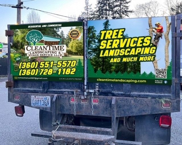 Truck with CleanTime Landscaping ad. Tree services, landscaping, contact info.