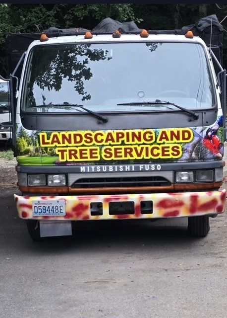 Landscaping truck, white cab, 