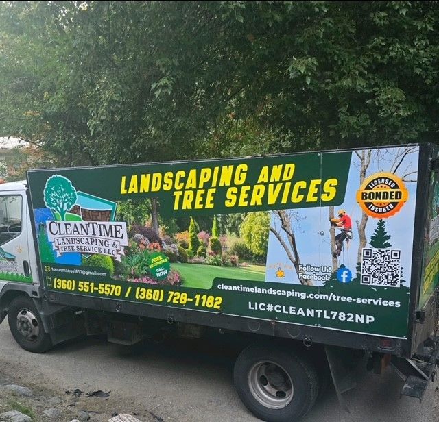 Green Clean Time landscaping truck parked outdoors. Features tree trimming and lawn care imagery.