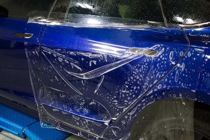 A blue car is covered in clear plastic.
