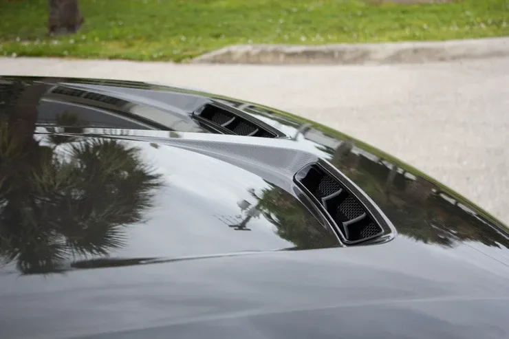 A close up of the hood of a black car parked on the side of the road.