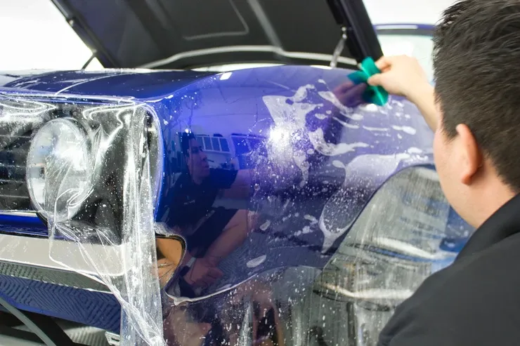 A man is wrapping a blue car with plastic wrap