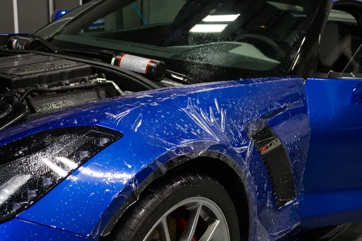 A blue sports car is covered in plastic wrap.