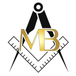 Monogramma MB dorato con compasso e righelli neri, simile a un logo