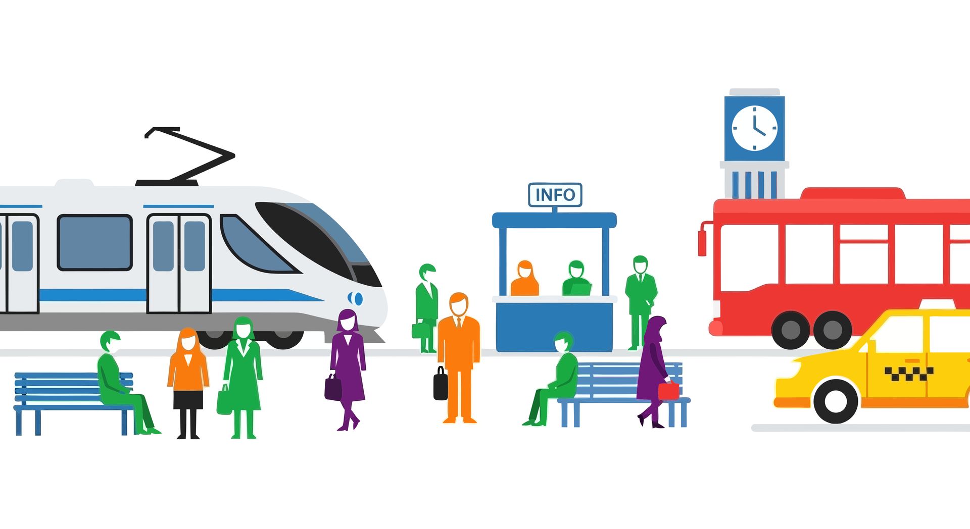 People, Train, Bus, Taxi, Info Booth