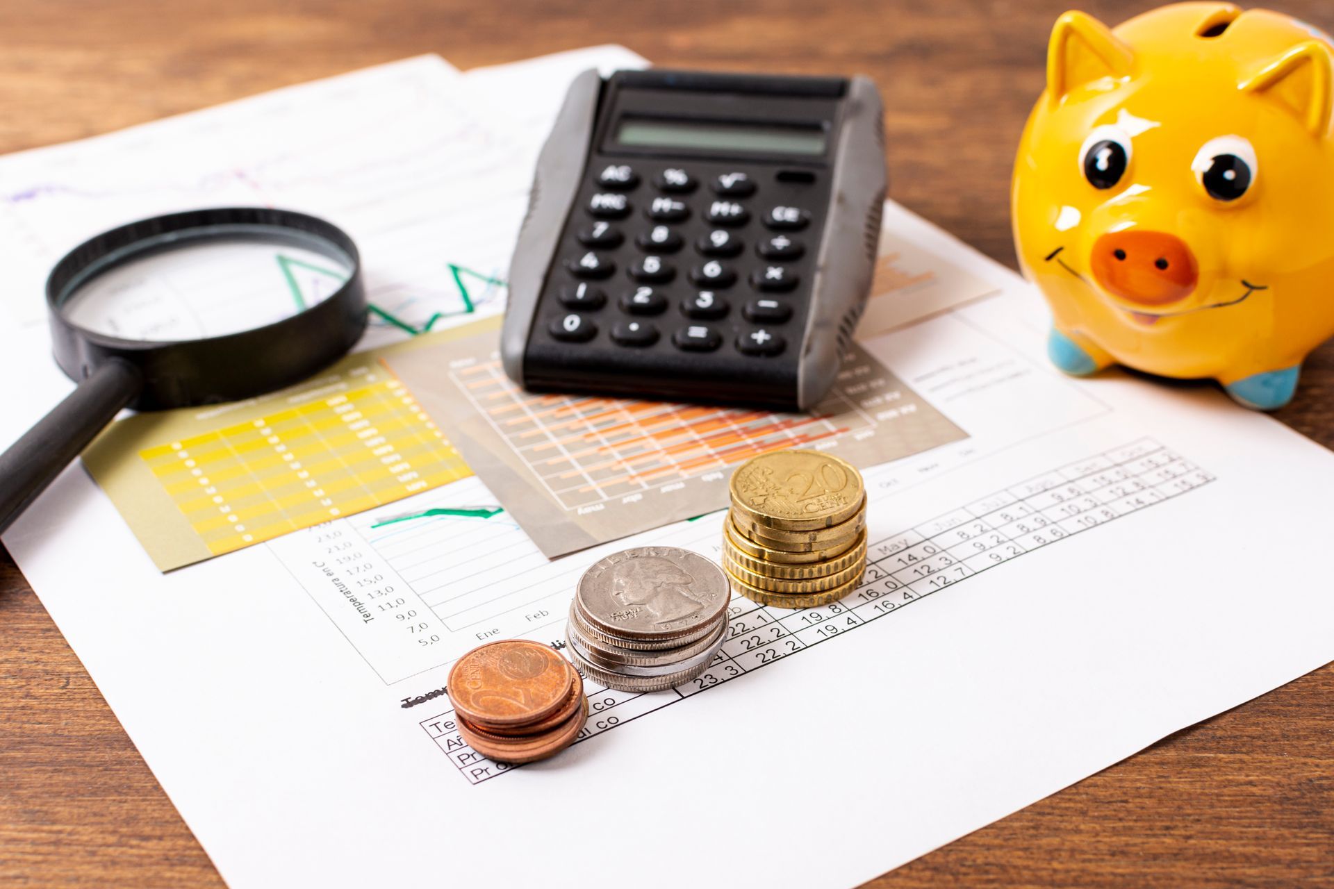 front view piggy bank stationery items.