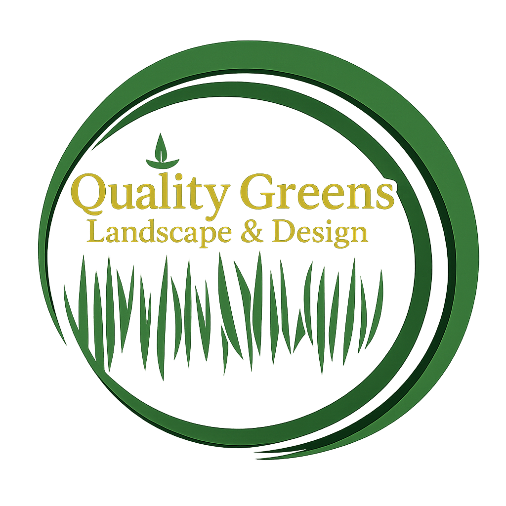 Logo for Quality Greens Landscape & Design featuring a green circular border, grass blades, and a leaf icon.