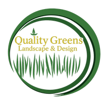 Logo for Quality Greens Landscape & Design featuring a green circular border, grass blades, and a leaf icon.