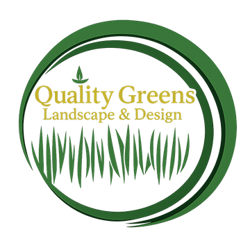 Logo for Quality Greens Landscape & Design featuring a green circular border, grass blades, and a leaf icon.