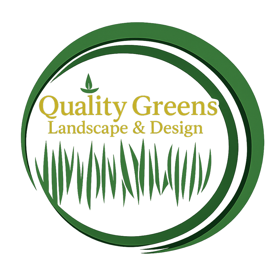 Logo for Quality Greens Landscape & Design featuring a green circular border, grass blades, and a leaf icon.