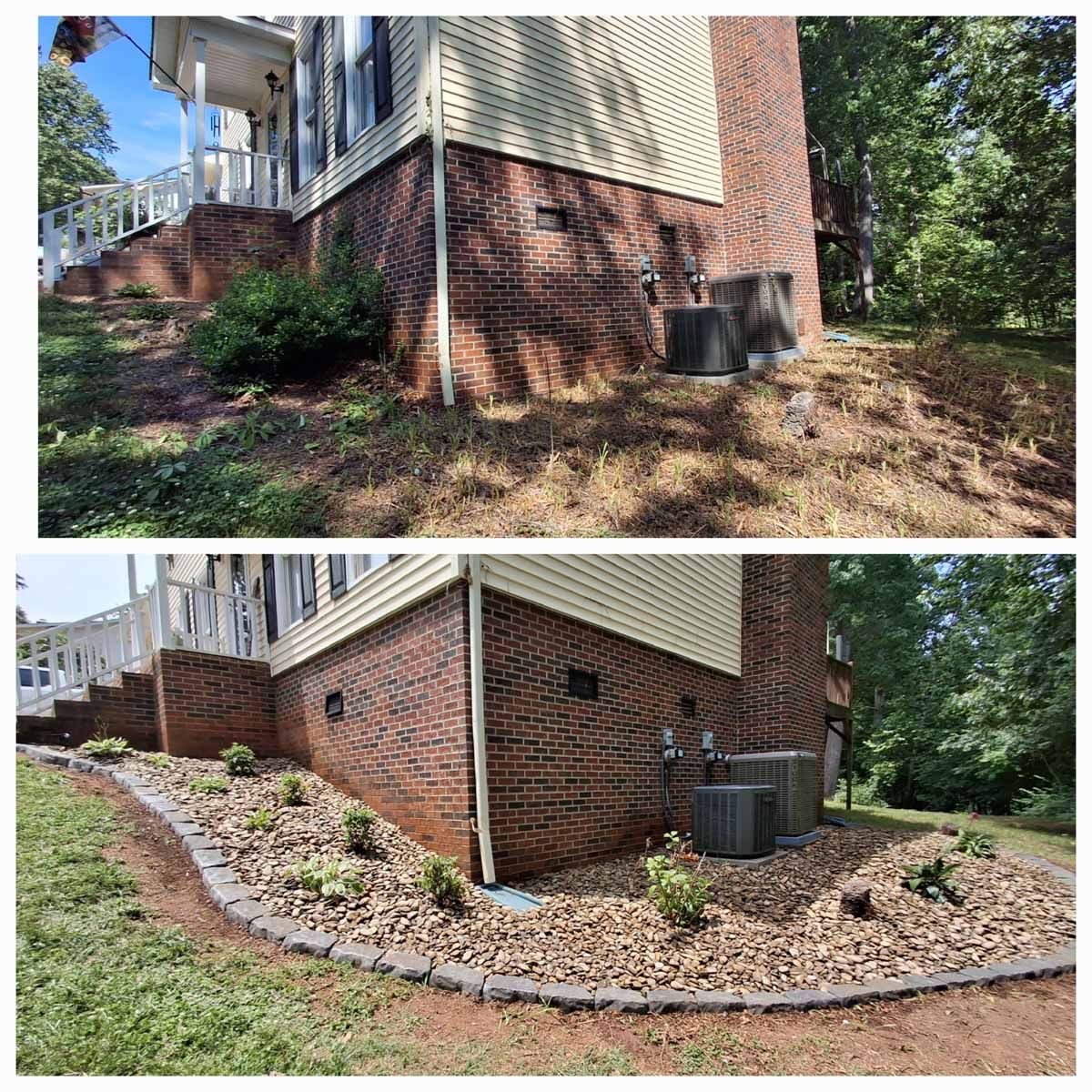 Before and after photos of a residential foundation area, showing new landscaping with stones and border edging.