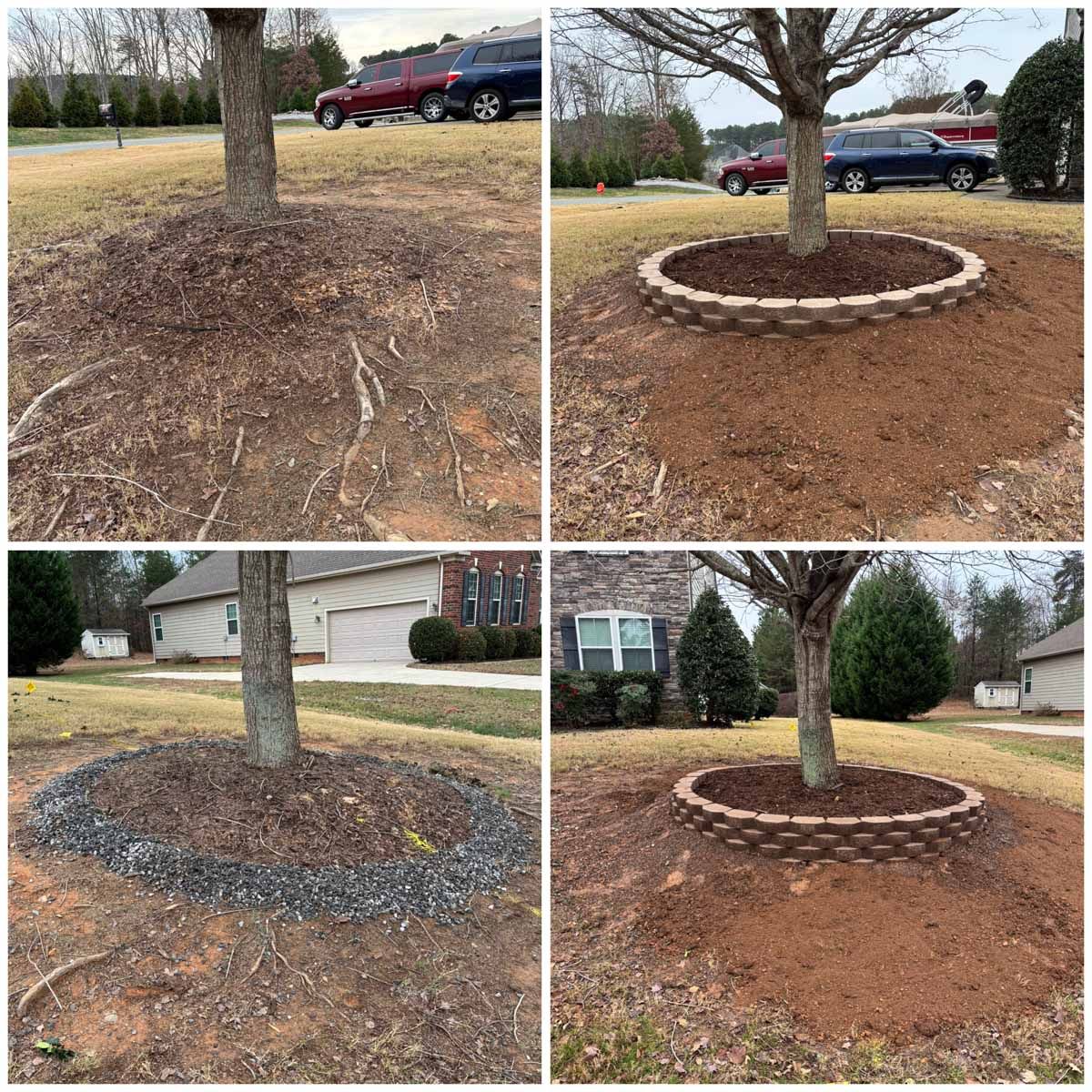 A four-part collage showing the steps of building a retaining wall around a tree base with bricks, dirt, and mulch.