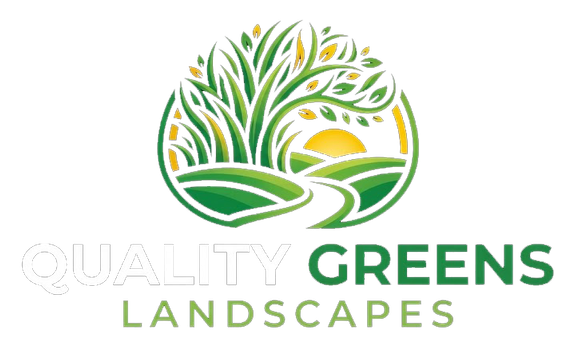 Logo for Quality Greens Landscapes featuring a stylized tree and rising sun over green hills.