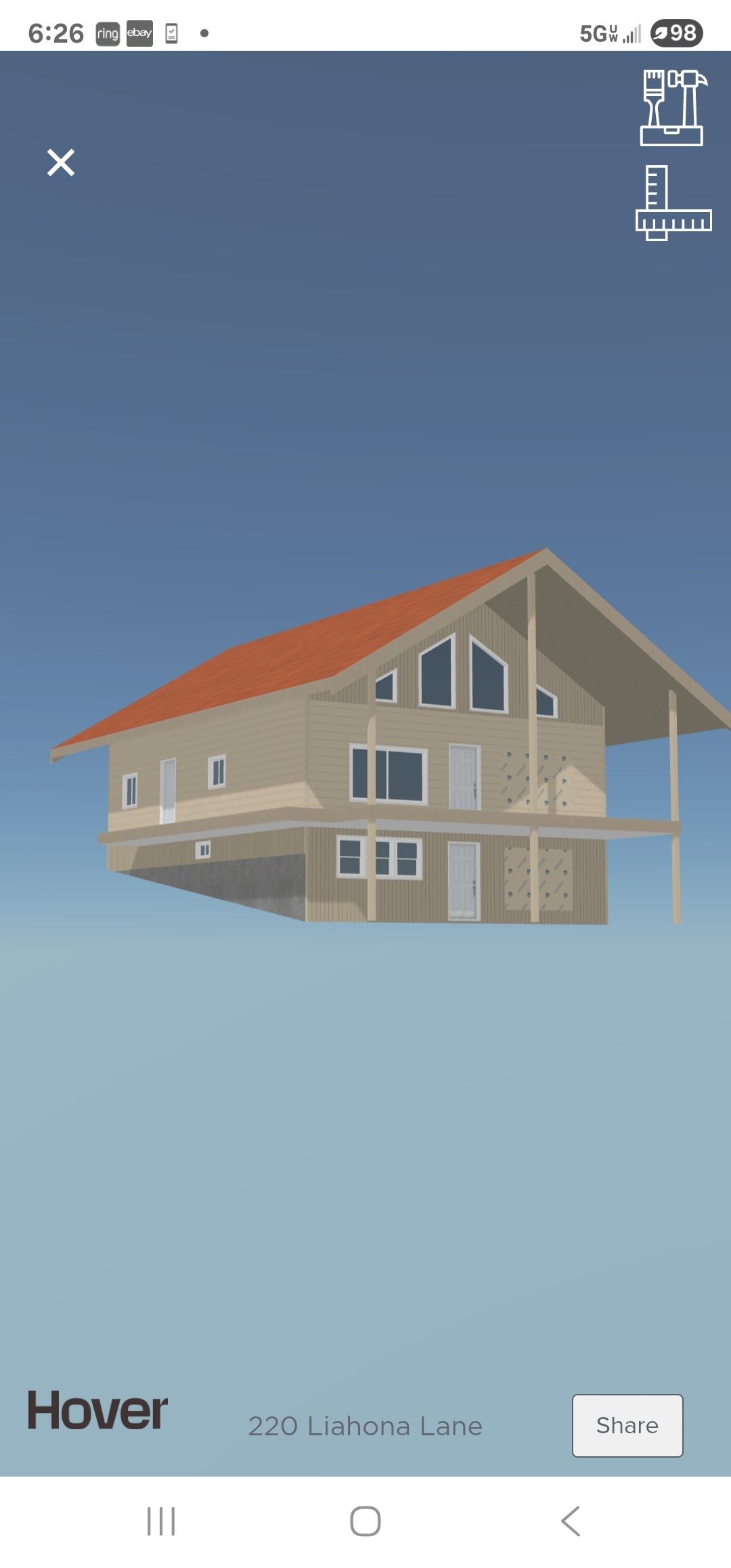 3D rendering of a two-story house with a red roof, windows, and a blue sky background.
