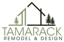 Logo for Tamarack Remodel & Design: house outline, two trees, and company name in green and black.