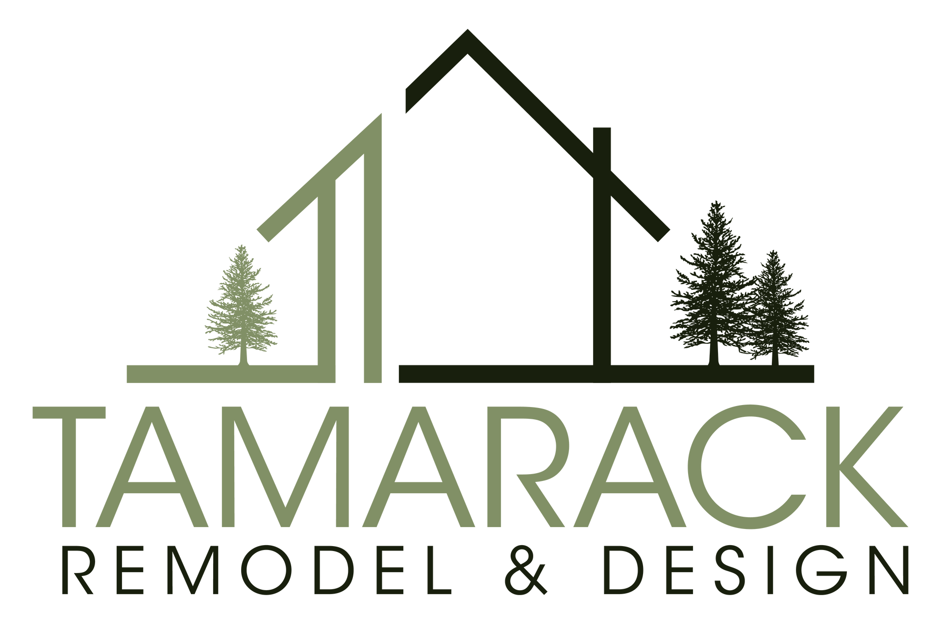 Logo for Tamarack Remodel & Design: house outline, two trees, and company name in green and black.