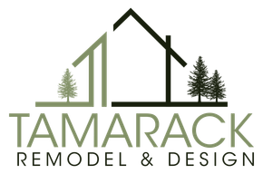 Logo for Tamarack Remodel & Design: house outline, two trees, and company name in green and black.