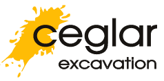 The logo for ceglar excavation has a yellow splash on it.