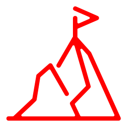 A red line drawing of a mountain with a flag on top of it.