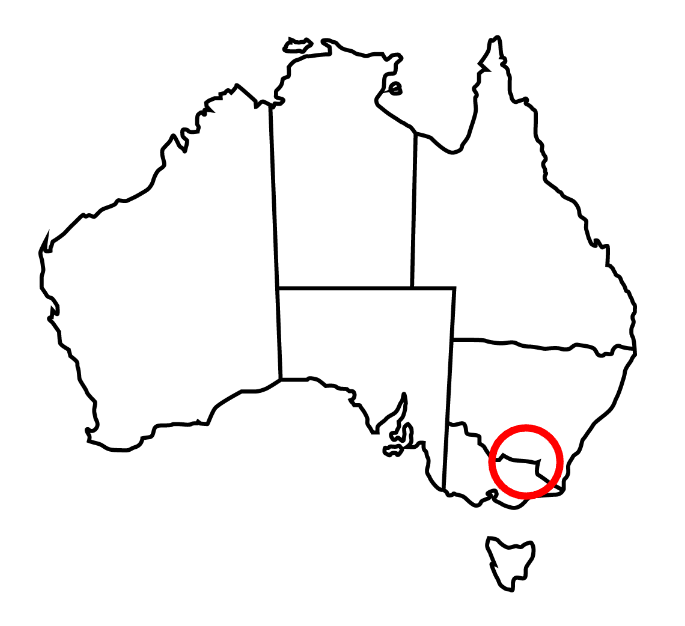 A black and white map of australia with a red circle in the middle.