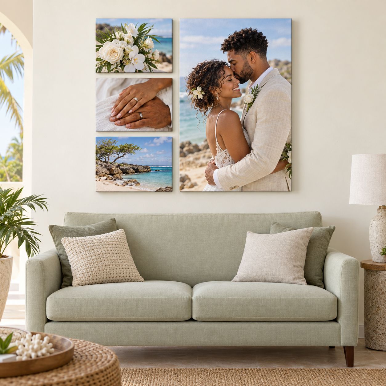 Wedding canvas collection above a green loveseat
