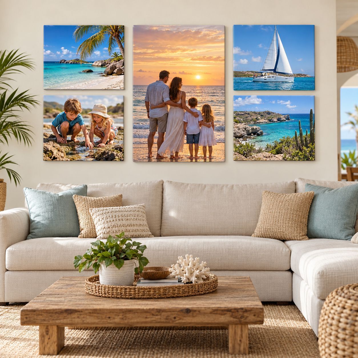 Vacation photo canvas collection above a white sectional couch