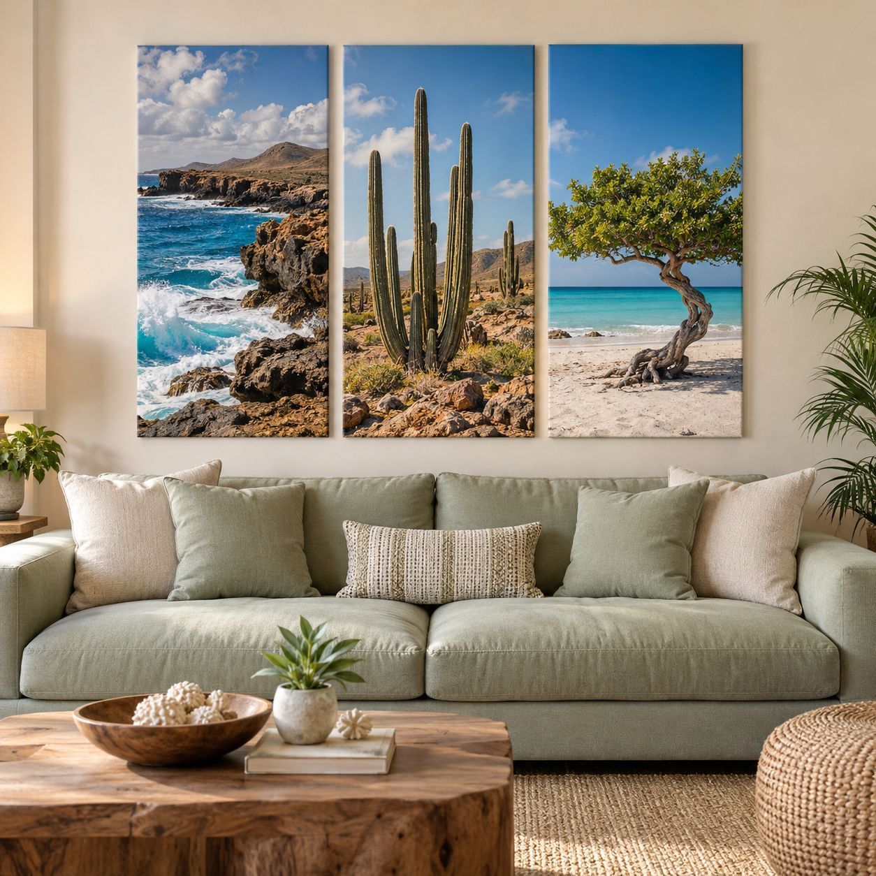Aruba landscape canvas collection above a green couch