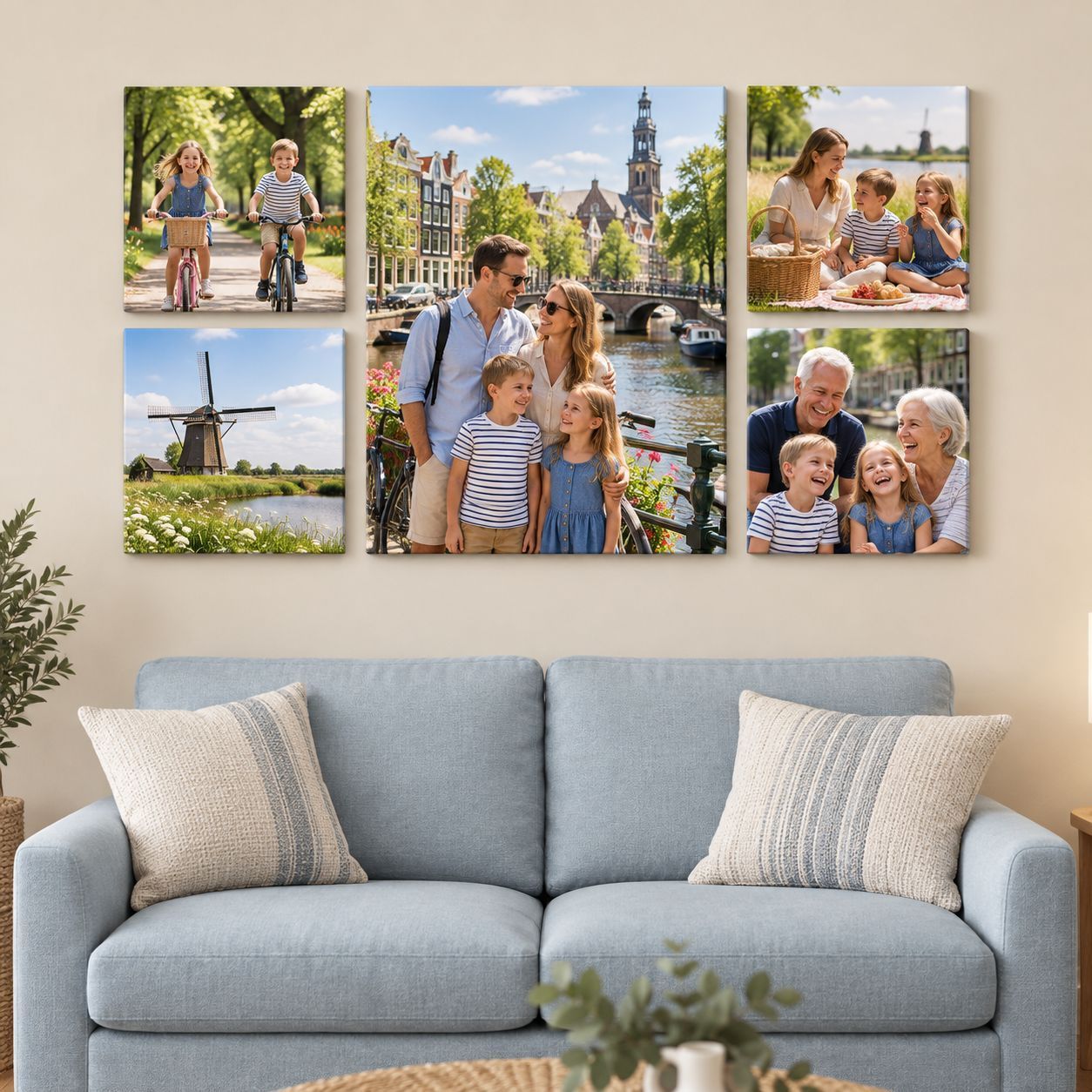 Family vacation canvas collection above a blue loveseat