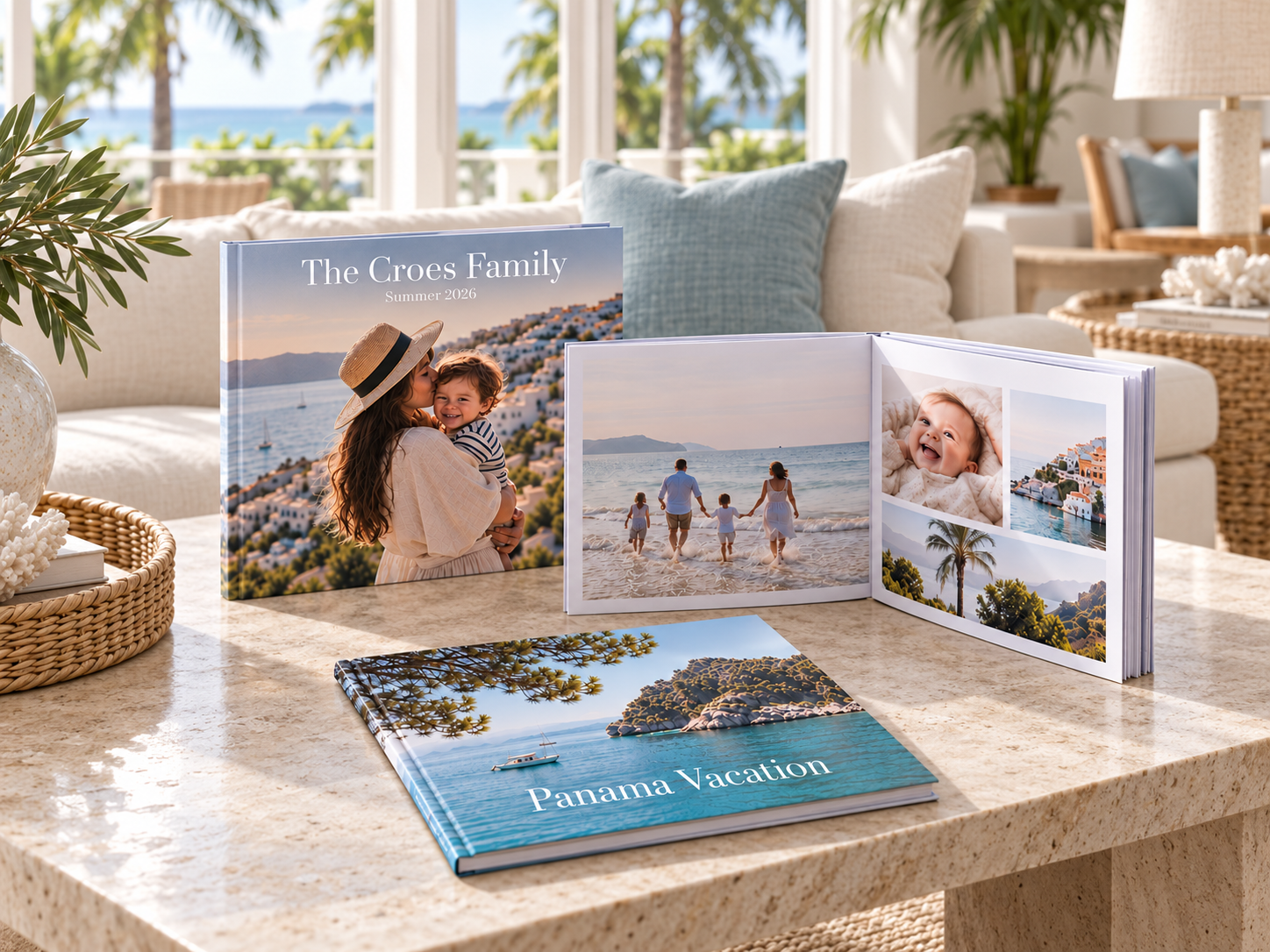 Custom hardcover photo books on a coffee table in an elegant Florida living room