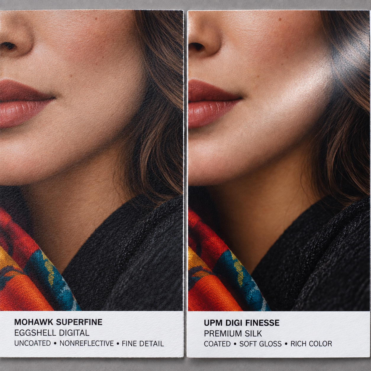Side-by-side paper comparison: matte, textured Mohawk Superfine Eggshell on the left and coated Finesse Premium Silk with a soft sheen on the right