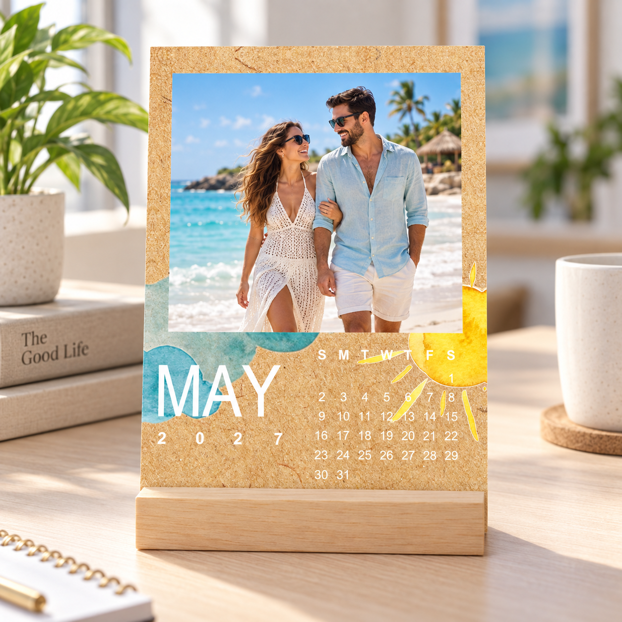 2027 personalized seasonal kraft calendar in wooden stand.