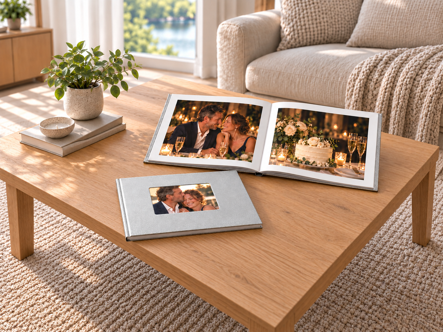 Silver metallic photo books with separate page photos on a natural oak table