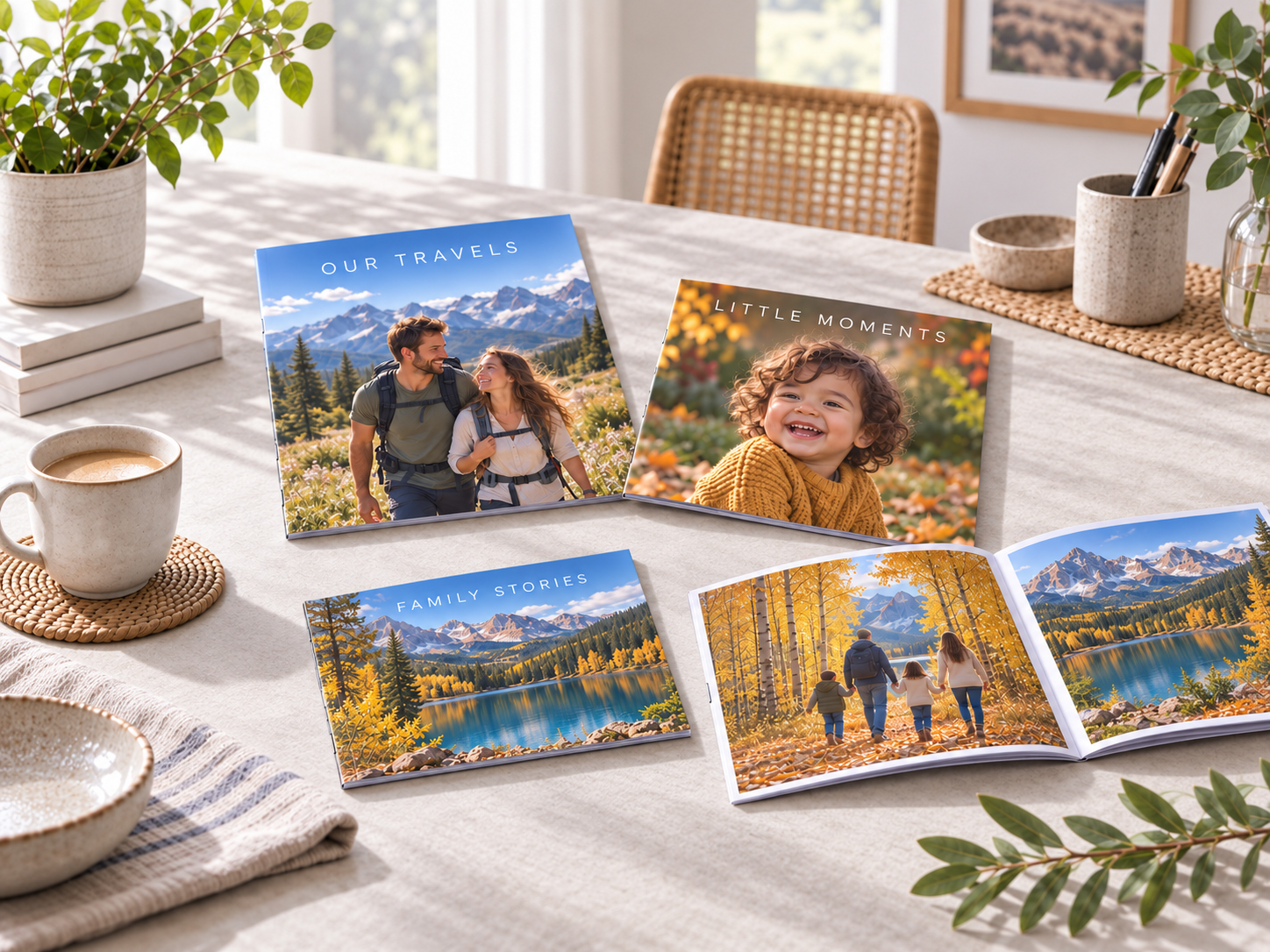 Softcover photo books with travel and family photo covers
