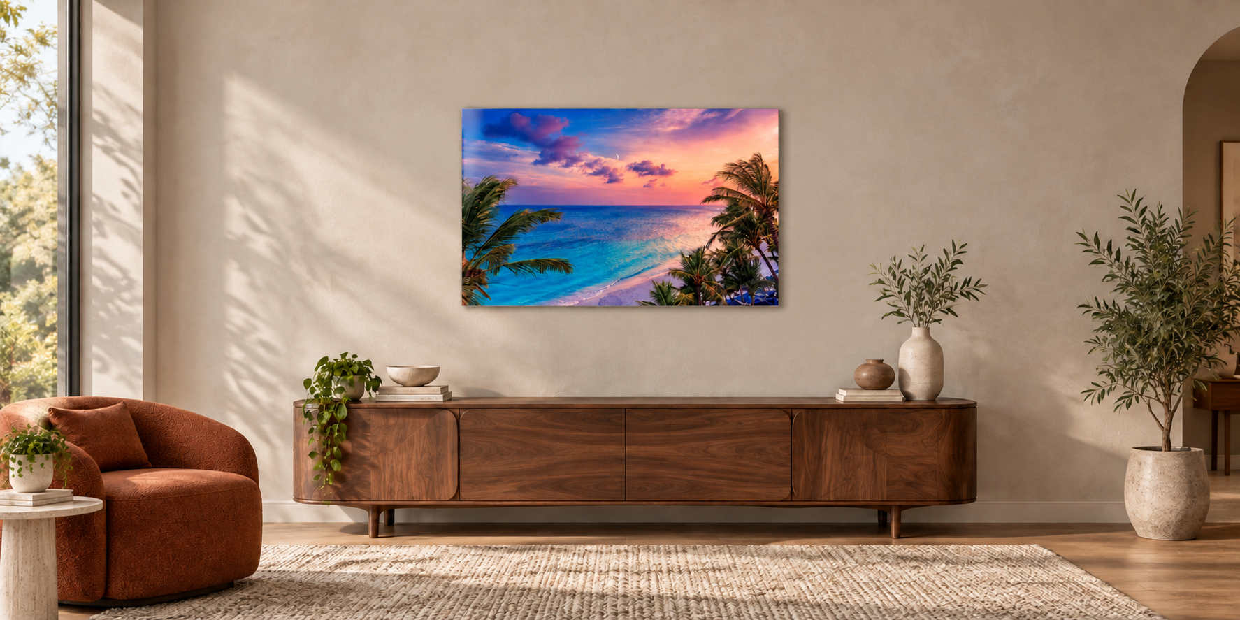 Tropical sunset wall print above a modern console