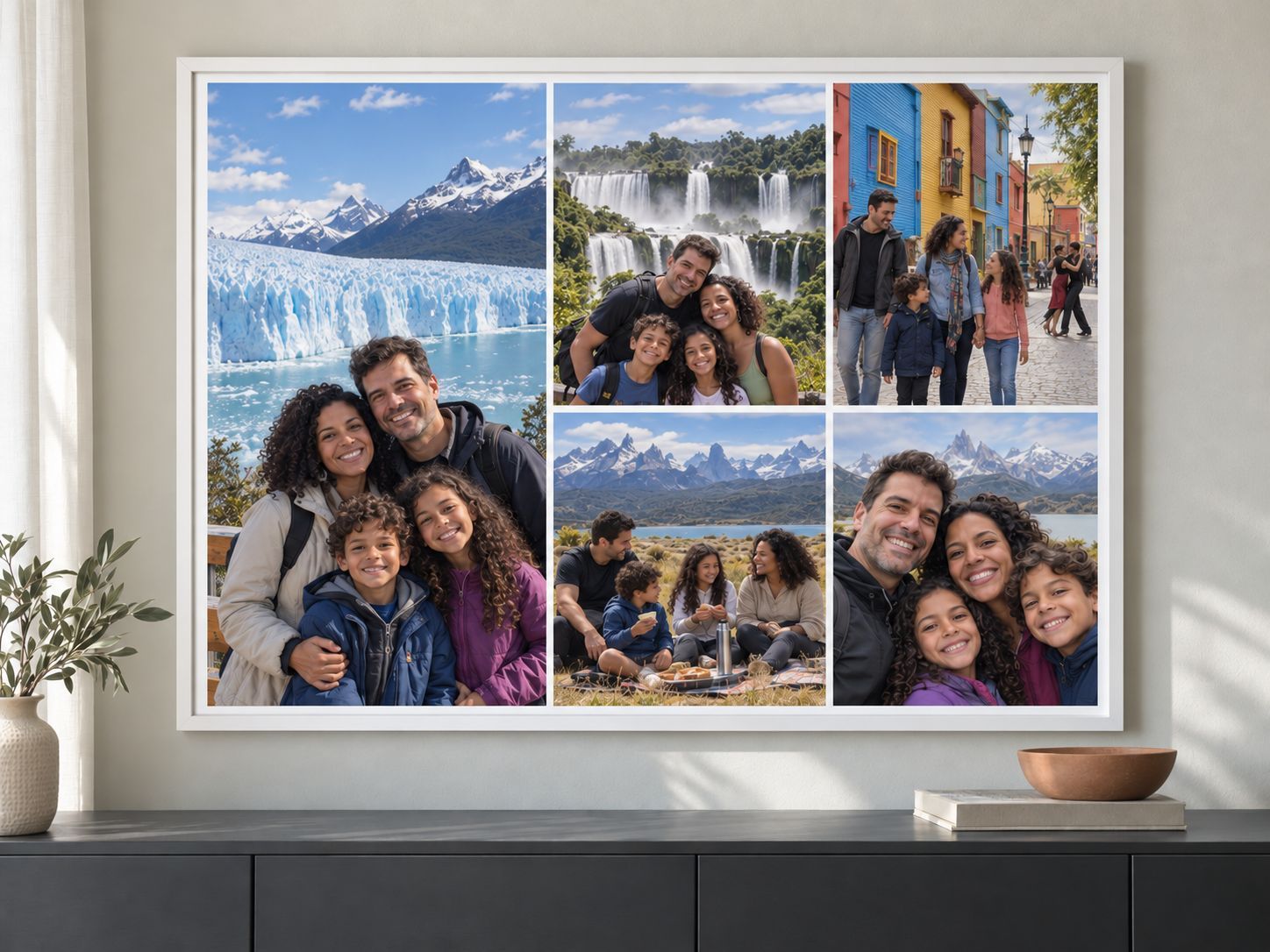 A mixed-race Brazilian family's Argentina vacation collage displayed as a 36 by 24 inch print in a simple white frame