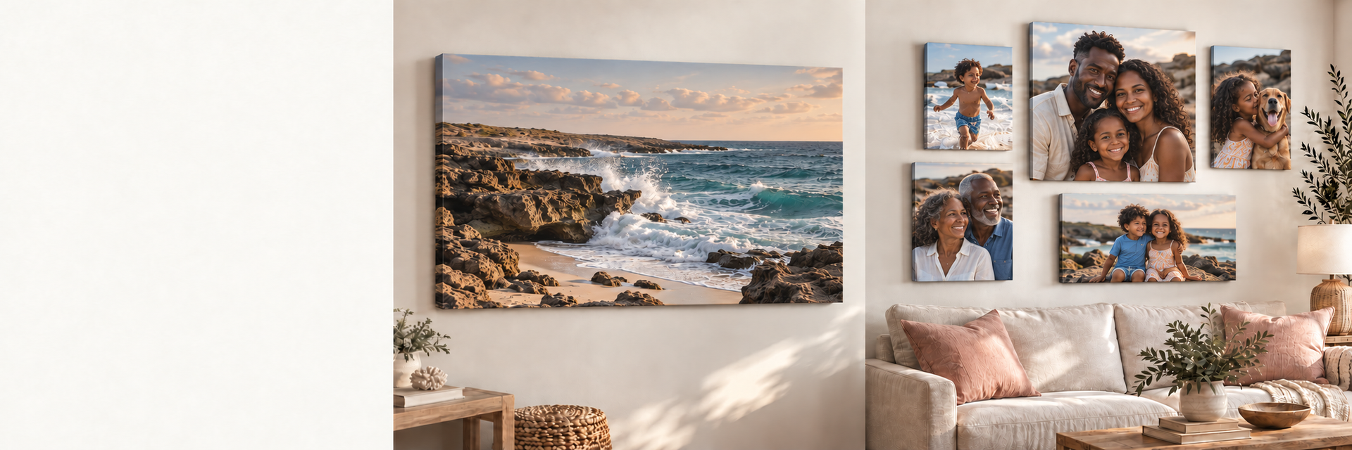 Aruba north coast canvas and a family canvas photo collection in a living room