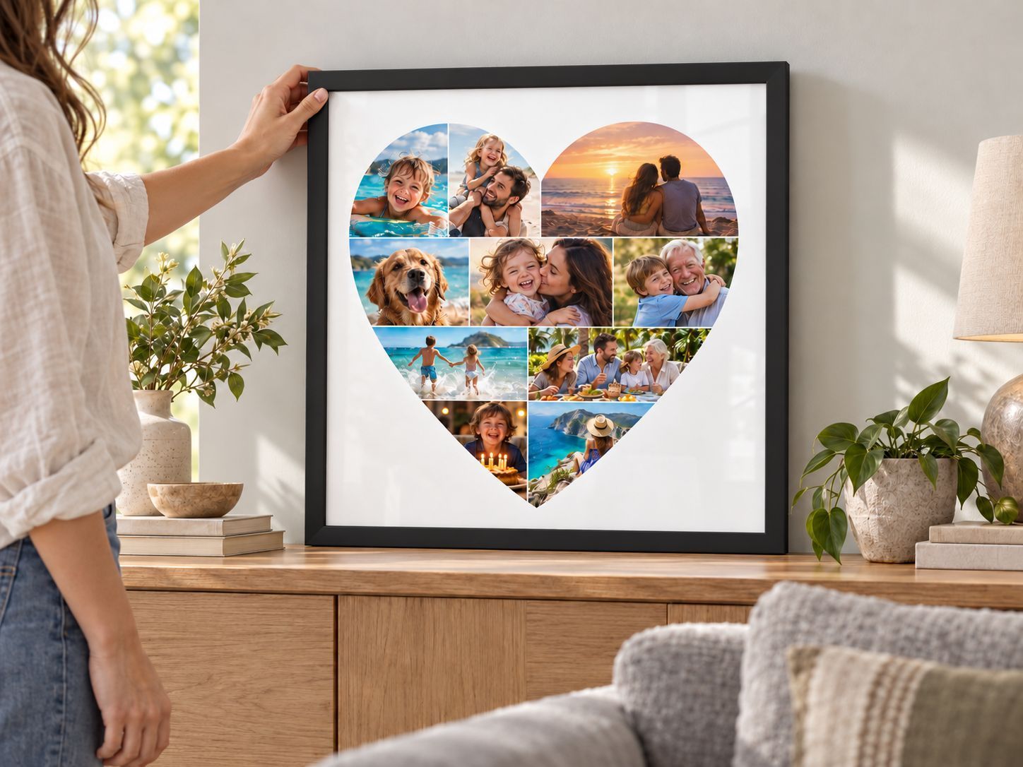 Black-framed family heart collage displayed on an oak console