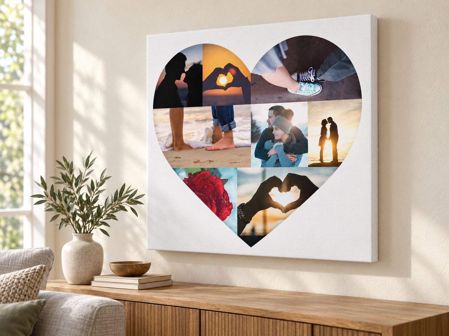 Heart photo collage printed on a square canvas above a living-room console