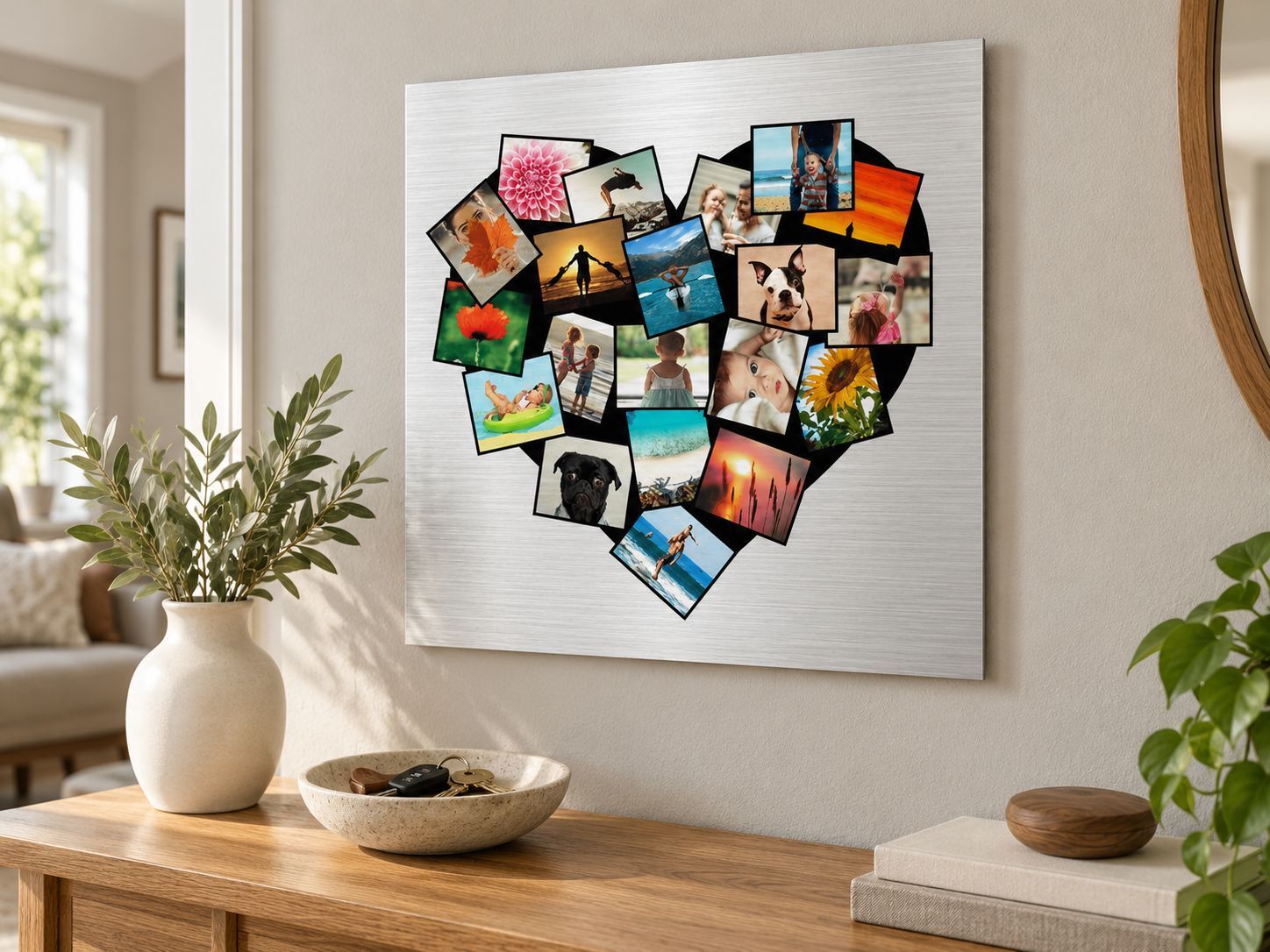 Silver metal panel with a heart-shaped photo collage in a home entryway