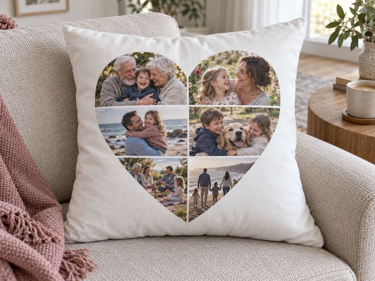 White square pillow with a six-photo family heart collage on an oatmeal sofa